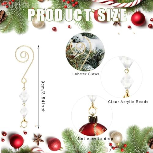20 Pcs Christmas Ornament Hangers Tree Ornament Hooks Gold Decorative Clear Acrylic Wire S Hook with Lobster Claws Hanging Metal Wire Crystal Jeweled Swirl for Xmas Tree Home Decoration - Image 2