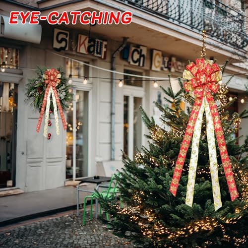 Decorations Christmas Tree Topper, Large Glittered Snow Flakes Decor Bow with Glitter Satin Streamer Christmas Ornament for Your Christmas Indoor Party Holiday Decoration & Gift, 48x13.8 Inch - Image 5