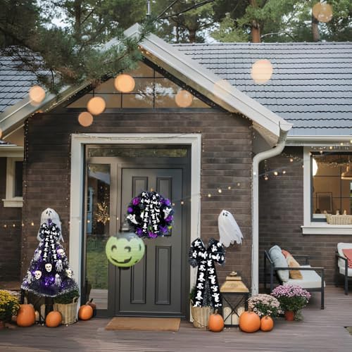Large Halloween Tree Topper Bow, Black White Ghost Wreath Bow - Image 4