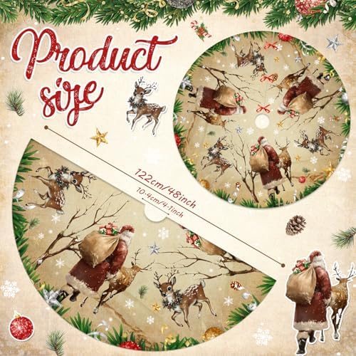 Christmas Tree Skirt, 48 Inch Vintage Santa Deer Xmas Tree Mat - Image 2