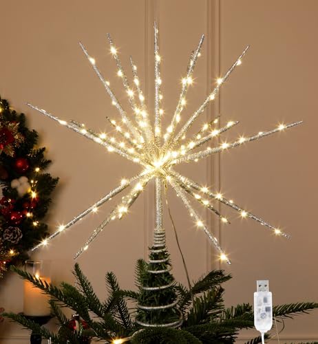 15-Inch Starburst Christmas Tree Topper with 150 LEDs & Remote, Silver by Obralitic
