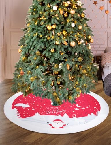Multiwins Christmas Tree Skirt 48 inches, Red Tree Skirt Ornaments Soft Plush Christmas Tree Mat with Cute Santa Claus White Reindeer Christmas Tree Skirts for Holiday Party Indoor Outdoor - Image 3