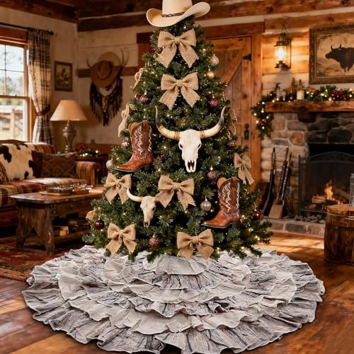 yuboo 48 Inch Western Farmhouse Tree Skirt, 6-Layer Ruffled Wood Grain & Burlap Design, Rustic Country Cowboy Holiday Decoration for 6-7.5 Ft Trees - Image 6