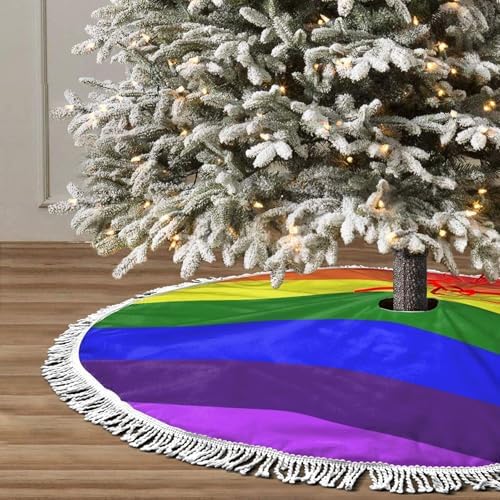 Christmas Tree Skirt 36" Inch LGBT Gay Pride Flag Xmas Tree Skirt Mat with White Tassel for Party Holiday, Tree Skirt Christmas Decorations by GHYGTY