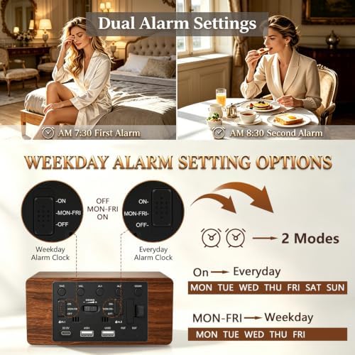 Premium Brown Wooden Digital Alarm Clock with Wireless Phone Charger, Dual USB Charging Ports, Dimmable LED Display, Date and Day of Week, Small Digital Desk Clock for Bedroom Nightstand Bedside Table - Image 7