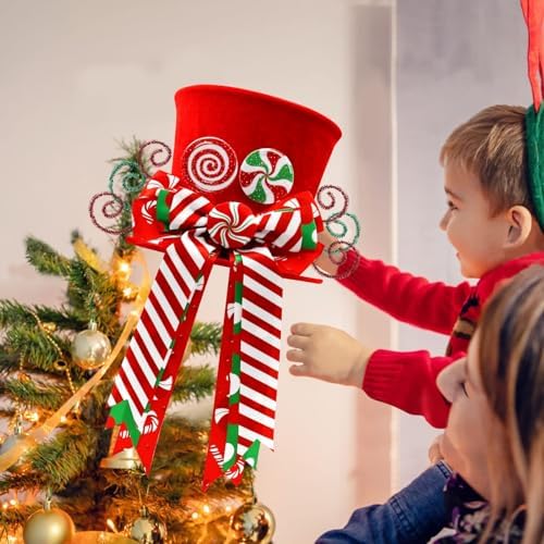 CiyvoLyeen Candy Canes Christmas Tree Topper Red Hat Bow Xmas Decoration - Image 2