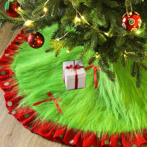 Hollowfly Red and Green Christmas Tree Skirt Furry Plush Lime Green Christmas Tree Skirts Whimsical Xmas Decorations Holiday Glittering Dot Mat Faux Round Carpet for Home Xmas Party Decor(36 Inch) - Image 4