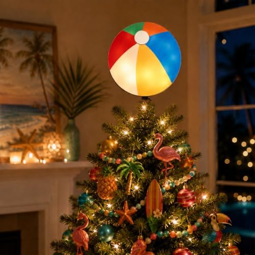 10 x 6.5 Inch Wooden Beach Ball Lighted Summer Tree Topper - Image 3