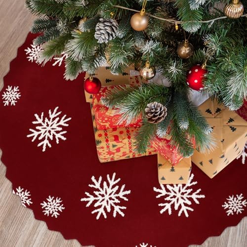 Christmas Tree Skirt, Snowflakes Xmas Tree Skirt, 48 inch Red Cable Knit Knitted Thick Farmhouse Rustic Christmas Tree Skirts Xmas Holiday Decoration (48in) - Image 4