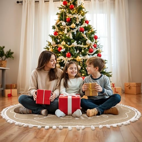 AerWo Burlap Christmas Tree Skirt, 60 Inches, Printed with White Snowflake and Merry Christmas Letter, Xmas Tree Decor for Indoor/Outdoor - Image 3