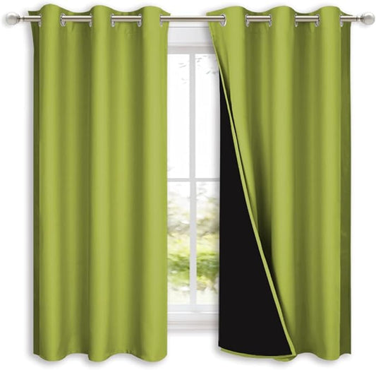 NICETOWN 100% Blackout Curtains 45 inches Long, Fresh Green, 1 Pair, 42 inches Width Each Panel, 2 Thick Layers Completely Blackout Window Treatment Thermal Insulated Lined Drapes for Small Window