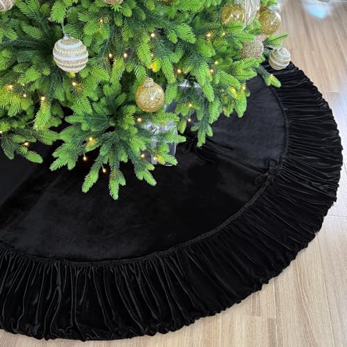 Ruffled Velvet Christmas Tree Skirt with Foam Padding, Nylon Backing and Lace-Up Tie Closure (Black, 84-Inch) by StarryDynamo