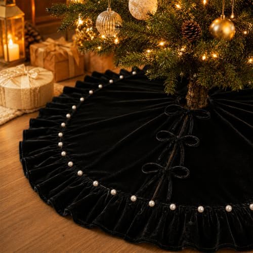 Black Velvet Christmas Tree Skirt 60 Inch – Pearl Beaded Ruffle Trim Xmas Tree Skirt with Bows, Festive Christmas Tree Base Cover for Holiday Party Home Decorations - 150cm - Image 2