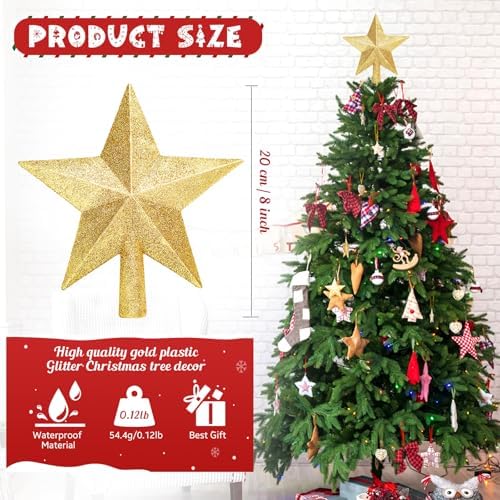 Glitter Christmas Star Tree Topper for Holiday Decorations, Christmas Tree Decoration for Holiday Ornament and Home Decor, Shatterproof Tree Toppers for Party Indoor ??? Outdoor-Gold 8 inch - Image 2
