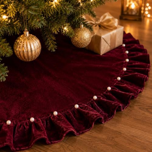 48-Inch Burgundy Ruffled Velvet Christmas Tree Skirt with Pearl-Trimmed Pleated Edge and 3 Bow Ties, Large Round Xmas Tree Base Cover for Holiday Home and Party Decor, 122 cm by AtiMing