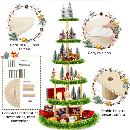 DoubleFill 6 Tier 72 Inch Christmas Tree Village Stand Christmas Bookshelf Display Supply Large Xmas Ornament Displays Tree Stands Xmas Wooden Display Trees Stand for Holiday Displays(Semicircle) - Image 6