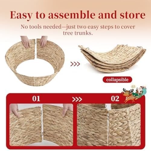 Sweetcrispy 42inch Christmas Tree Collar for 9ft to 12ft Trees, Woven Hyacinth Rattan 4-Panel Collar w/Cord Access Hole & Easy Lock Design, Handwoven Natural - Image 5
