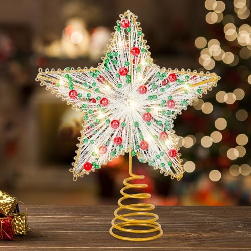 Whaline Christmas Star Tree Topper Gold 3D Star Tree Top with LED Lights Battery Powered Treetop Ornament for Xmas Winter Party Favor Indoor Outdoor Decor by Whaline