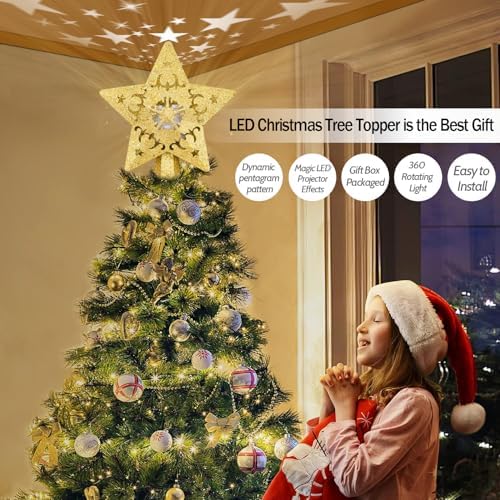 AOMIL Christmas Tree Topper, 3D Rotating Pattern Projector for Xmas Tree Topper, Hollow Design Christmas Decorations,Christmas Decor - Image 2