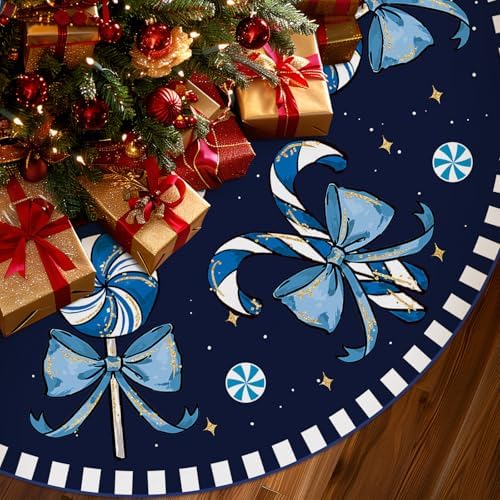 Christmas Tree Skirt Blue Tree Skirts Candy Cane Decorations Xmas Tree Skirt Tree Mat 36 Inch Winter Christmas Decor for Home by QIONGMENG