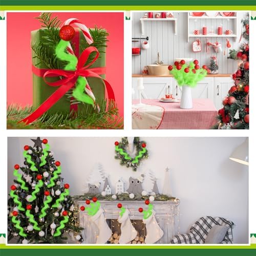 Gejoy 12 Pcs Christmas Tree Topper Green Christmas Picks Lime Green Furry Tree Topper Picks 12'' Xmas Curly Stems Ornament Sprays Elf Ornament for Xmas Wreath Vase Filler Branches Decorations - Image 5