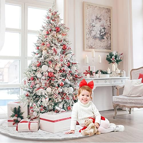 Christmas Tree Skirt 60 inch Large Snow White Soft Faux Fur Skirt with Golden Sequin Snow Flakes Xmas Holiday Home Party Decorations - Image 4
