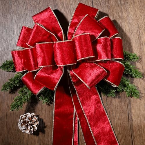 LaRibbons Large Red Velvet Christmas Tree Topper Bow - Image 3