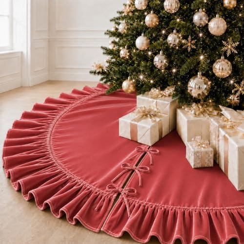 Christmas Tree Skirt,Velvet Tree Skirt with Ruffled Edge, Classic Large Velvet Fur Plush Tree Skirt for Merry Christmas(Rosered,36Inch) by DegGod