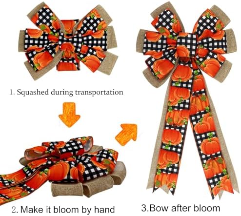 2 Pcs Fall Bows for Wreaths Decorations,Fall Tree Topper Bow,Thanksgiving Bow with Orange Pumpkin Buffalo Plaid Burlap for Halloween Autumn Home Front Door Outdoor - Image 4