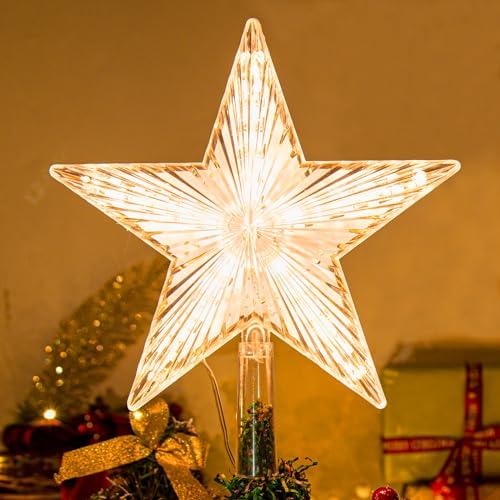 LAWOHO Christmas Tree Topper Warm White Light Star for Christmas Decorations, TreeStar Topper Great for Normal Size Tree, Battery Powered(Not Included), 8.7 Inch by LAWOHO