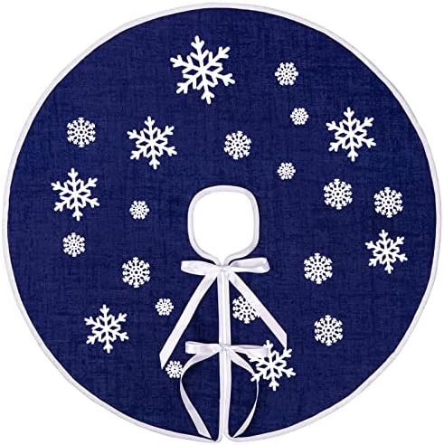 30 Inch Burlap Christmas Tree Skirt with White Snowflakes, Dark Blue by NTNIETING