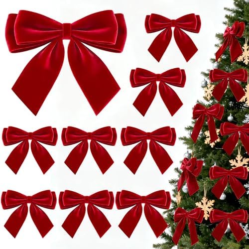 12Pcs Velvet Bows for Christmas Tree, Red Bows Christmas Decorations with Twist Tie, Bulk Red Velvet Ornaments for Wreath Garland Gift Wrapping Wedding Champagne Parties Decor, 6 * 6in by CUPLOOV
