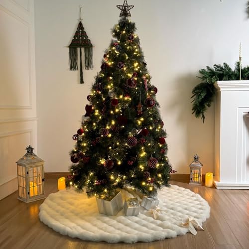 60-Inch Puff Quilt Faux Fur Christmas Tree Skirt, Soft Plush Tufted Texture with Satin Ribbon Ties, Cream - Image 5