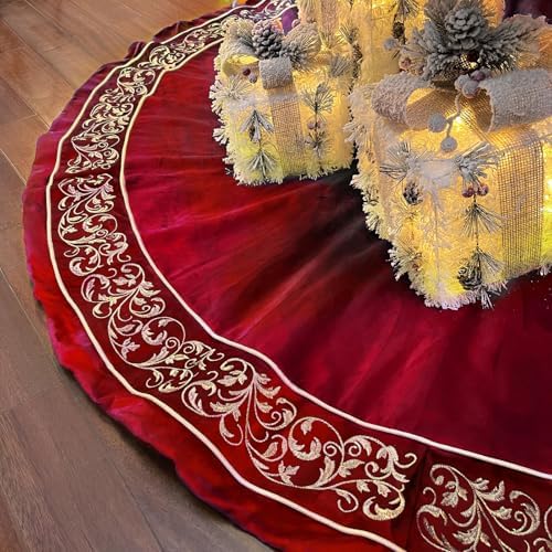 Christmas Tree Skirt 60 inch, Red Luxury Velvet Plush Faux Fur Extra Large Skirts with Golden Embroidered Vintage Pattern, Classic Retro Christmas Tree Decorations Gifts by FunAcce