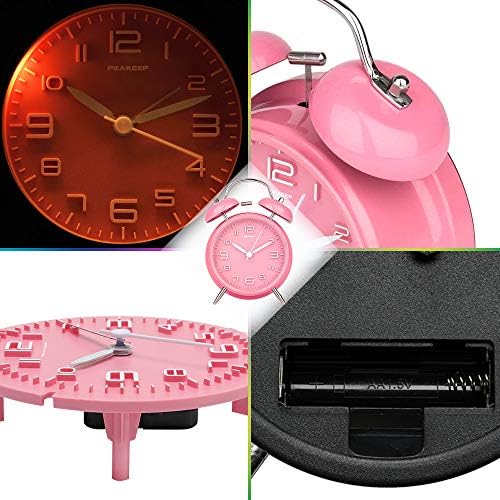 Peakeep 4 Inches Twin Bell Loud Alarm Clock for Heavy Sleepers | Backlight, Battery Operated Old Fashioned Alarm Clock for Bedrooms Kids' Room (3D-Dial, Pink) - Image 5