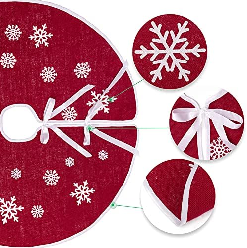 36 Inch Red Burlap Christmas Tree Skirt with White Snowflakes - Image 3