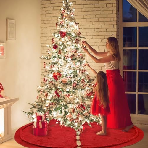 72 Inch Christmas Knitted Tree Skirt Giant Claret Red Chunky Xmas Tree Skirt Extra Large Cable Knit Thick Rustic Farmhouse Xmas Ornaments for Home Merry Christmas Holiday Winter Party Decoration - Image 5