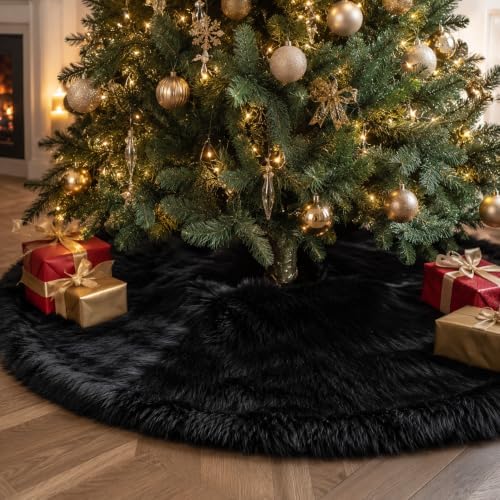 AOGU 24 Inch Faux Fur Christmas Tree Skirt Black Plush Skirt for Merry Christmas Party Christmas Tree Decoration by AOGU