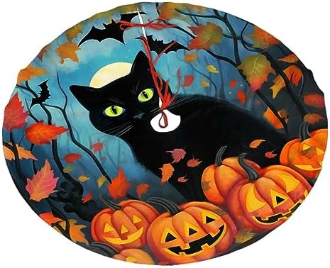 Black Cat Tree Skirts Xmas Ornaments, Halloween Pumpkin Tree Skirt for Christmas Party Holiday All Occasions 36" by Dewoofly