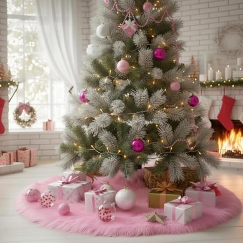 CHICHIC 48 inch Christmas Tree Skirt Faux Fur Xmas Tree Skirt Christmas Decorations Holiday Tree Ornaments Tree Decoration for Christmas Home Decorations, Xmas Party Holiday Decorations, Pink - Image 2