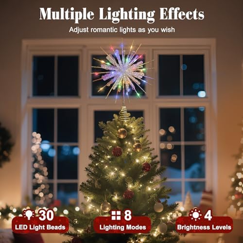 Lewondr Crystal Christmas Snowflake Tree Topper, Colorful Lights, Gold - Image 2