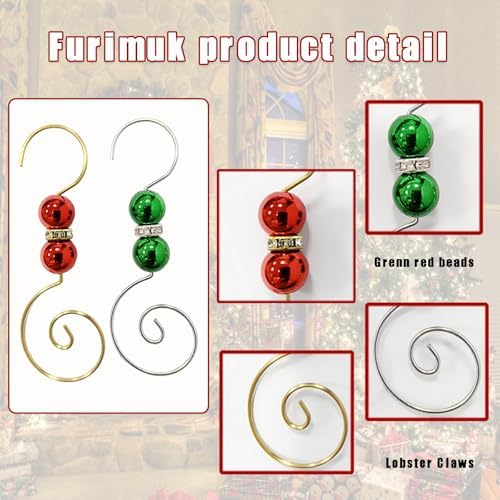 Furimuk 20 Pcs Acrylic Jewels Christmas Ornament Hooks - Red & Green, Silver & Gold Wire Hangers with Lobster Claws for Stockings & Balls - Image 3