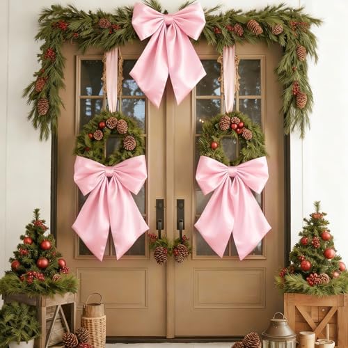 Big Pink Bow Coquette Room Decor, 23x11 Inch Satin Bows Large Pastel Pink Bows Birthday Decorations as Crib Skirt for Christmas Tree Topper Girl Room Xmas Gift Wrapping Bachelorette Baby Shower (3pcs) - Image 3