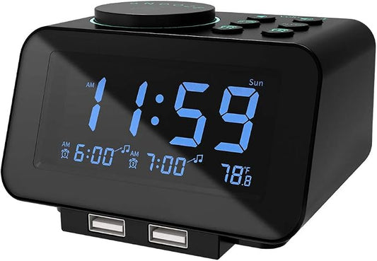 uscce Digital Dual Alarm Clock Radio for Bedrooms with 0-100% Dimmer | FM Radio with Weekday/Weekend Mode & 2 USB Charging Port & 6 Sound Adjustable Volume & Sleep Timer Temperature Battery Backup by USCCE