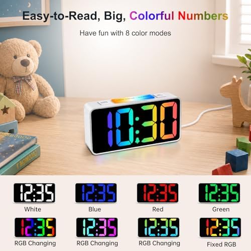 DreamSky Small Digital Alarm Clock with Night Light for Kids Bedroom | RGB Desk Clock with Large Numbers for Teens Boys, Brightness Dimmer, Adjustable Alarm Volume, USB Port, USB-C Adapter Powered - Image 3
