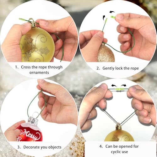Christmas Ornament Hangers String, 100 Pcs PreCut Hooks for Trees, Green Ornament Ribbon with Snap Fastener - Image 4