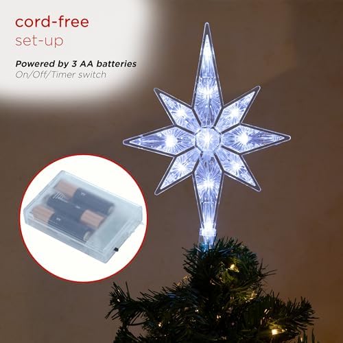 Alpine Corporation 13" Tall Snowflake 8-Point Tree Topper with 11 Cool White LED Lights, Christmas Decoration with Timer Function, and Radiant Glow for Holiday Trees - Image 5