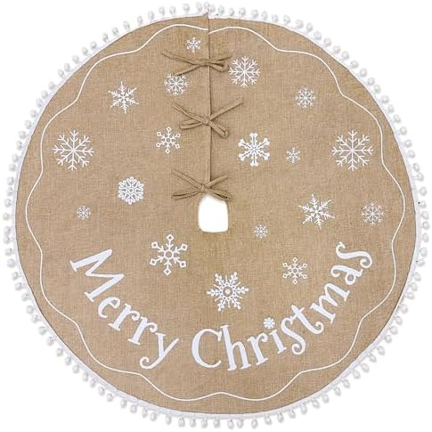 AerWo Christmas Tree Skirt 36 Inch, Burlap Tree Skirt Printed with White Snowflake and Merry Christmas Decor, Brown Tree Skirt for Christmas Decorations New Year Holiday Party Supply Indoor Outdoor - Image 2