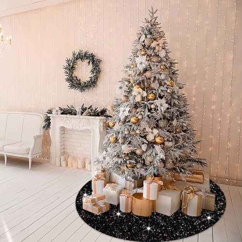 MODFUNS Black Christmas Tree Skirt Sequin Tree Skirt 46 Inch Thick Velvet HalloweenTree Skirt Mat Glitter Christmas Tree Floor Mat Shimmer Sparkle Tree Base Cover for Family Holiday Halloween Decor - Image 4