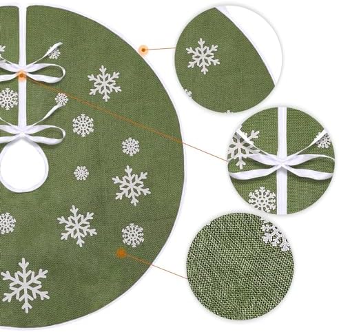 30 Inch Burlap Christmas Tree Skirt with White Snowflakes, Green - Image 4